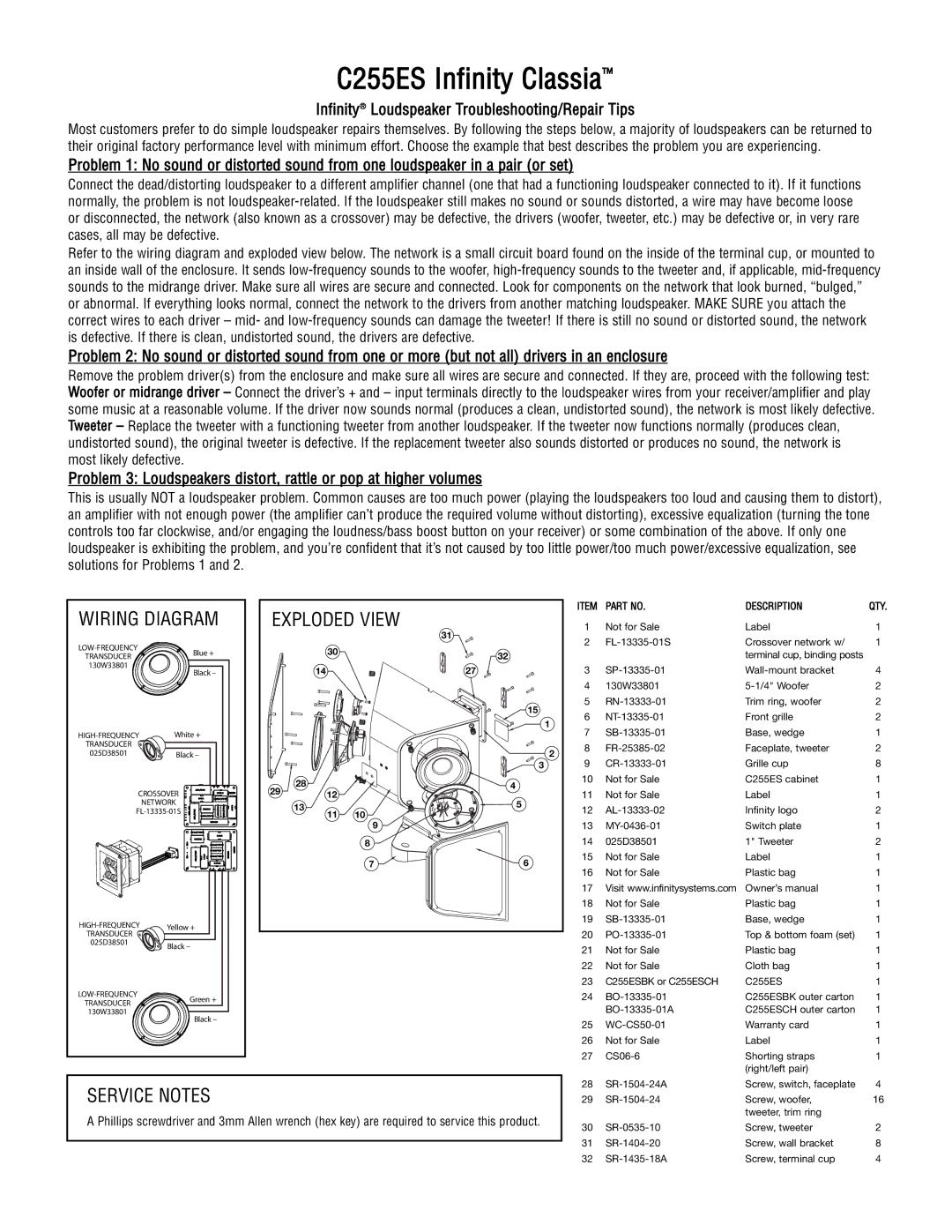 Infinity owner manual C255ES Infinity Classia, Service Notes, Exploded View, Wiring Diagram 