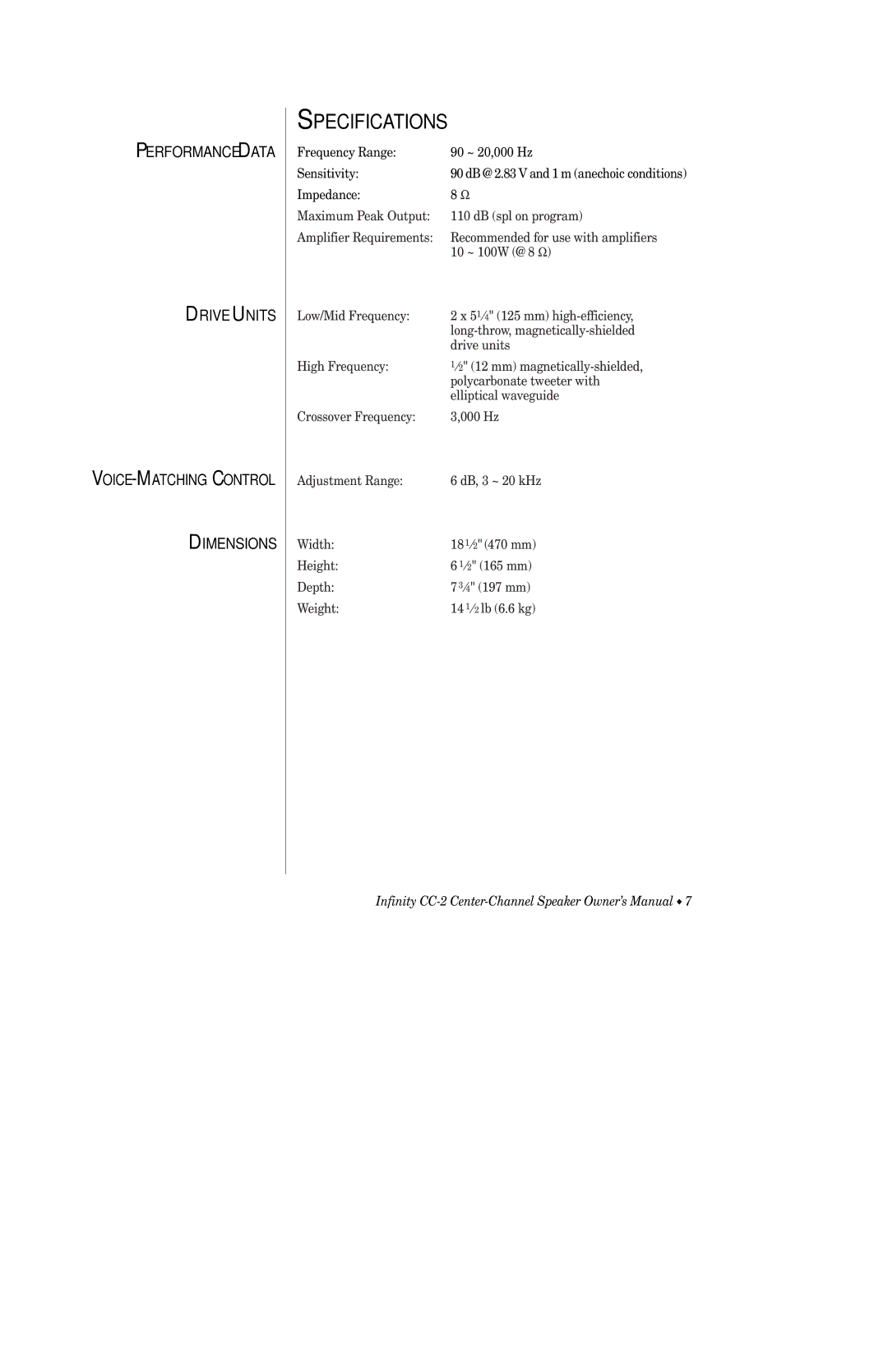 Infinity CC-2 owner manual Specifications 