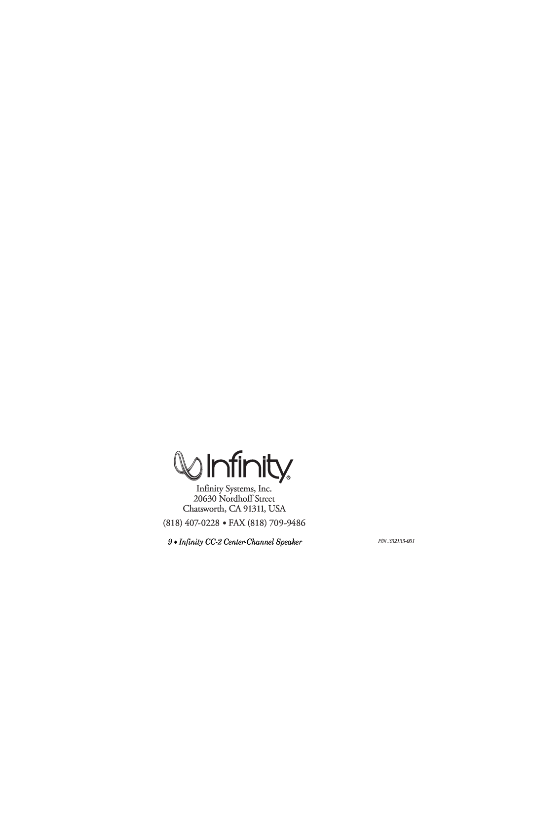 Infinity owner manual Infinity CC-2 Center-ChannelSpeaker, Infinity Systems, Inc 20630 Nordhoff Street 