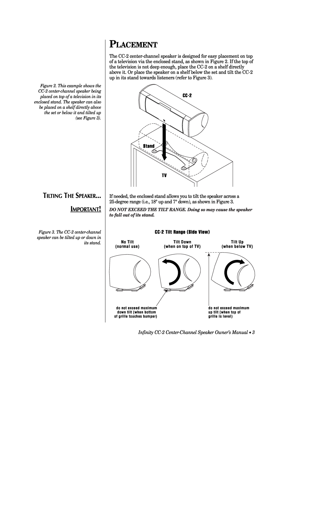 Infinity CC-2 owner manual Placement, Tilting The Speaker 
