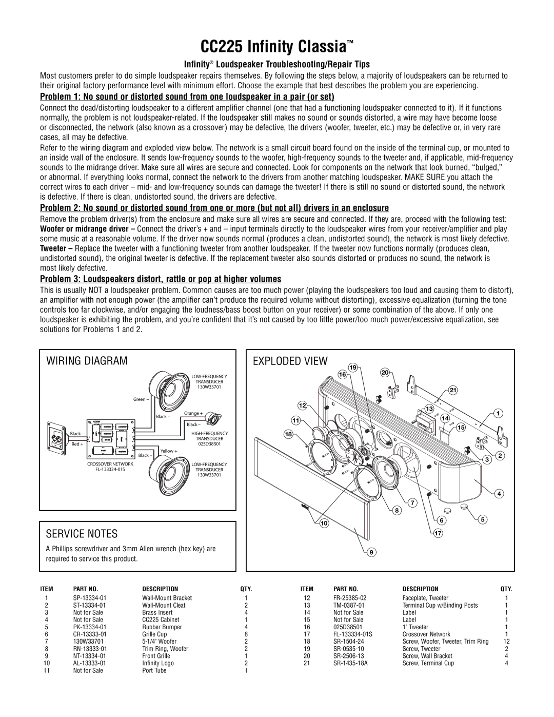 Infinity manual CC225 Infinity Classia, Service Notes, Exploded View, Wiring Diagram 