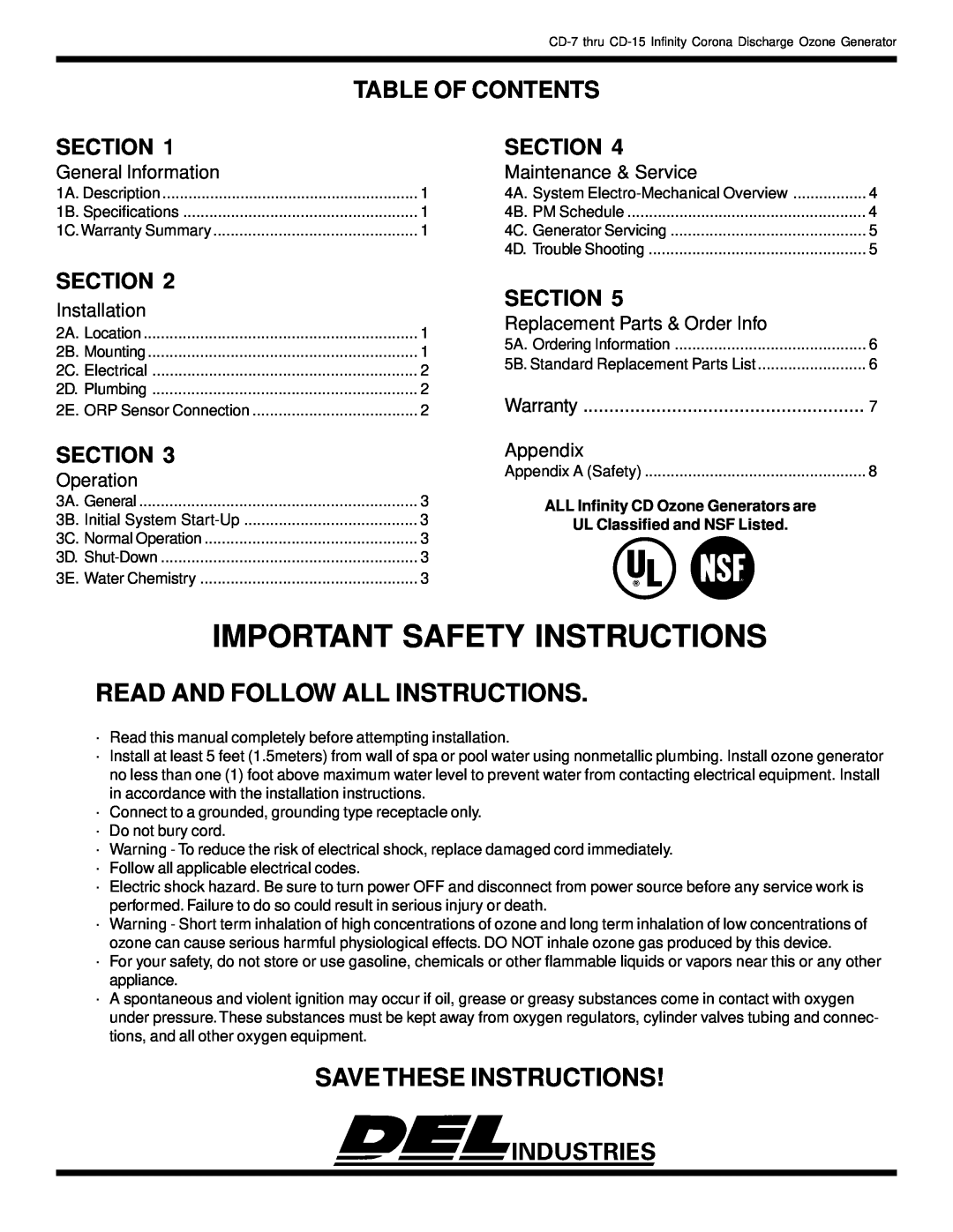 Infinity CD-7 THRU CD-15 Important Safety Instructions, Table Of Contents, Section, General Information, Installation 