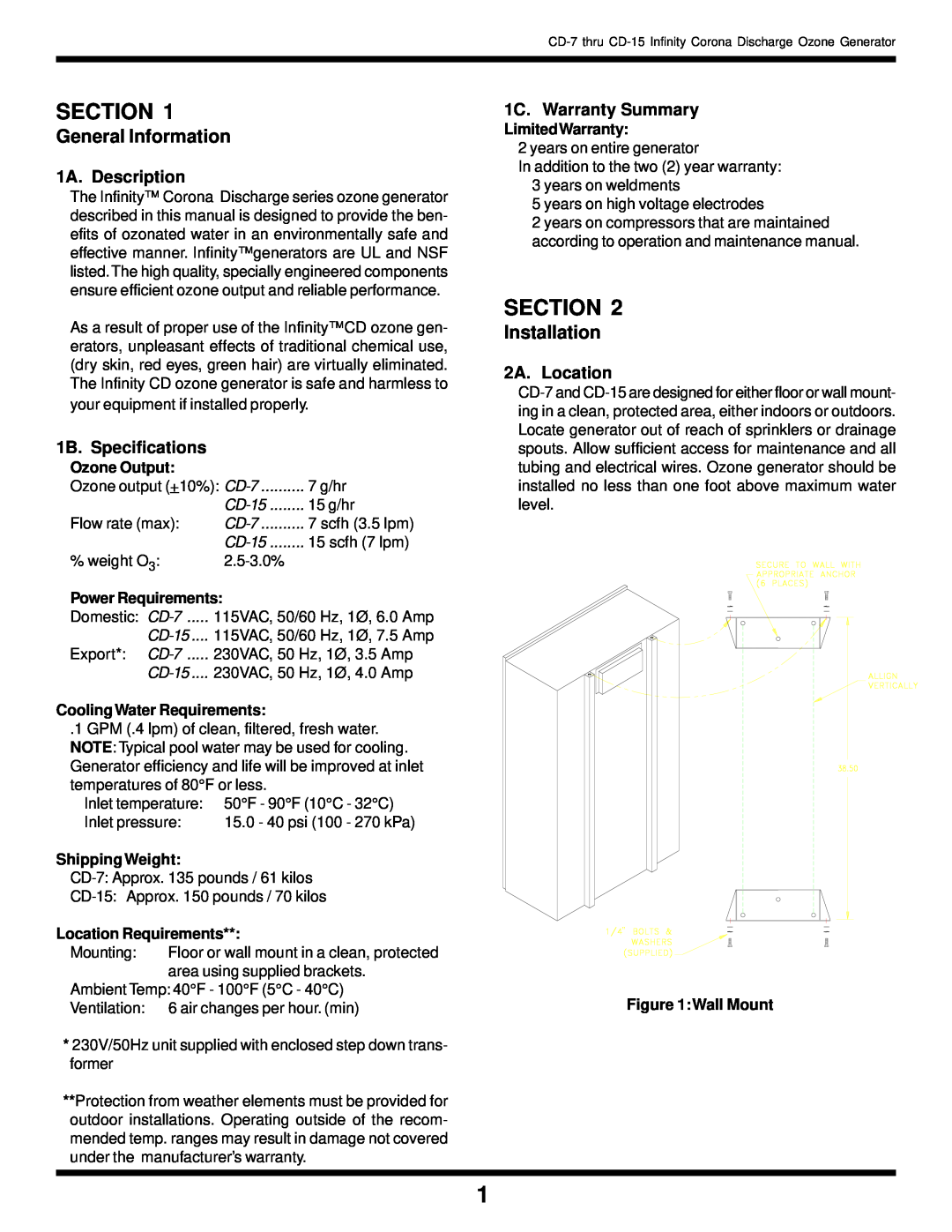 Infinity CD-7 THRU CD-15 General Information, Installation, 1A. Description, 1B. Specifications, 1C. Warranty Summary 