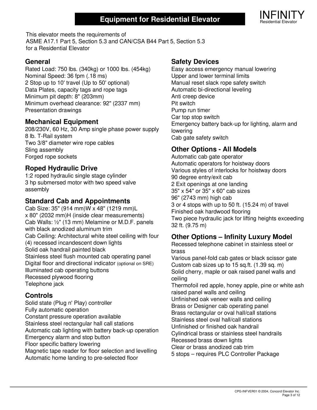 Infinity CPG-INFVER01 manual Equipment for Residential Elevator, General 