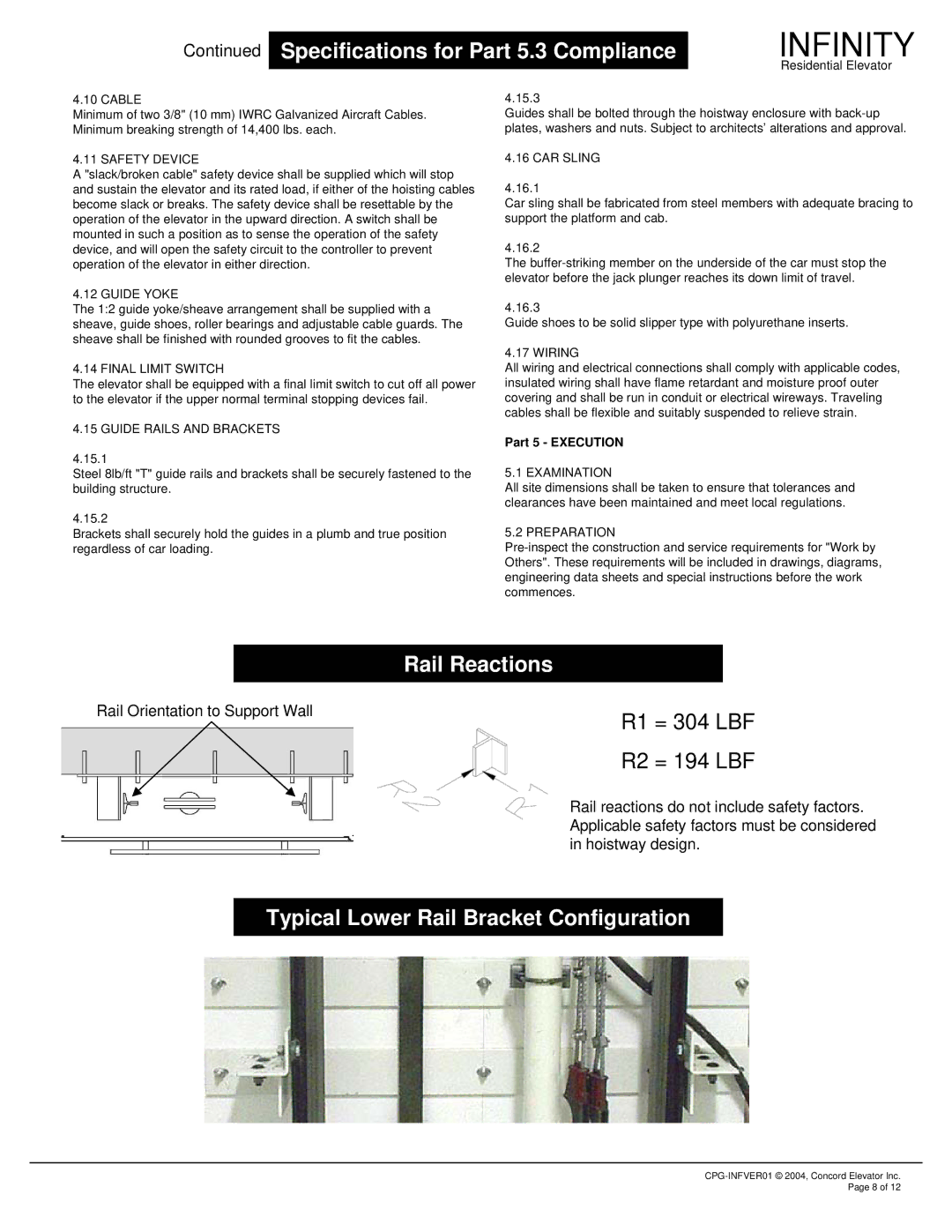 Infinity CPG-INFVER01 manual Rail Reactions, Typical Lower Rail Bracket Configuration 