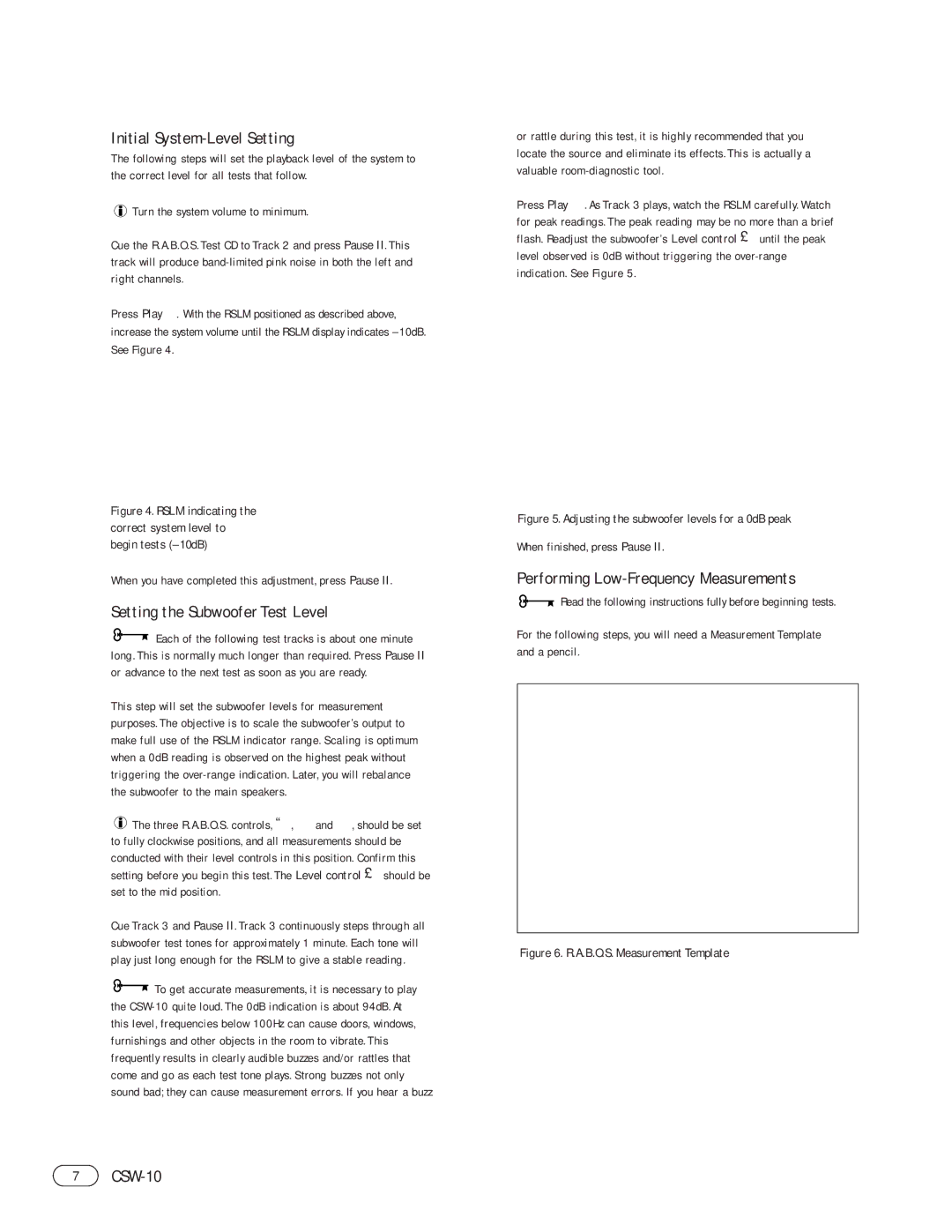 Infinity CSW-10 Initial System-Level Setting, Setting the Subwoofer Test Level, Performing Low-Frequency Measurements 