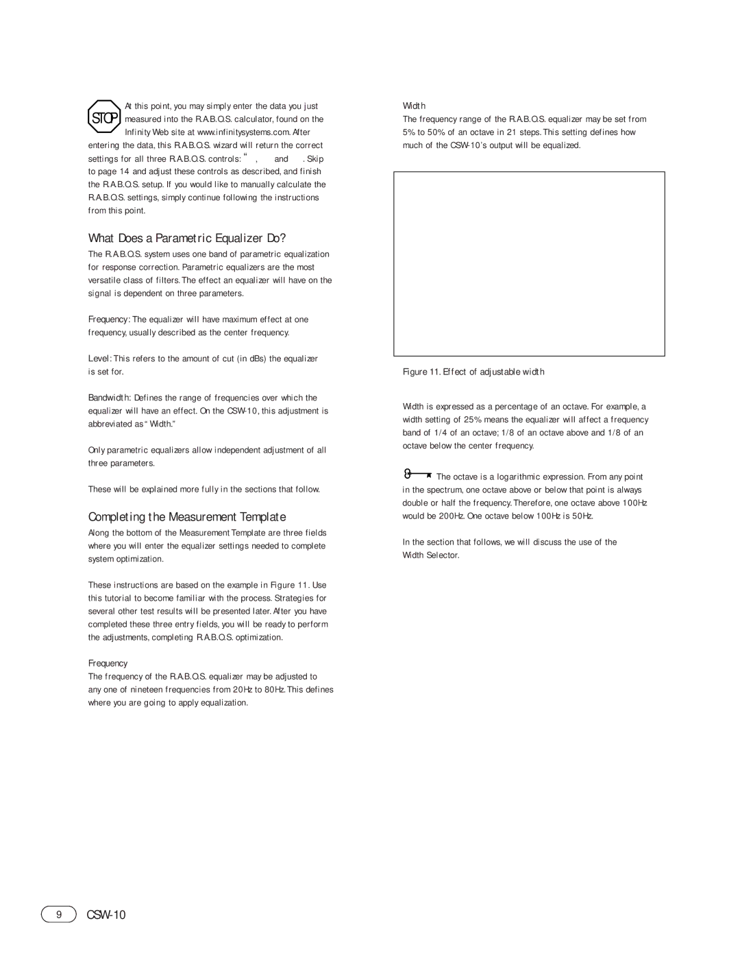 Infinity CSW-10 manual What Does a Parametric Equalizer Do?, Completing the Measurement Template, Frequency, Width 