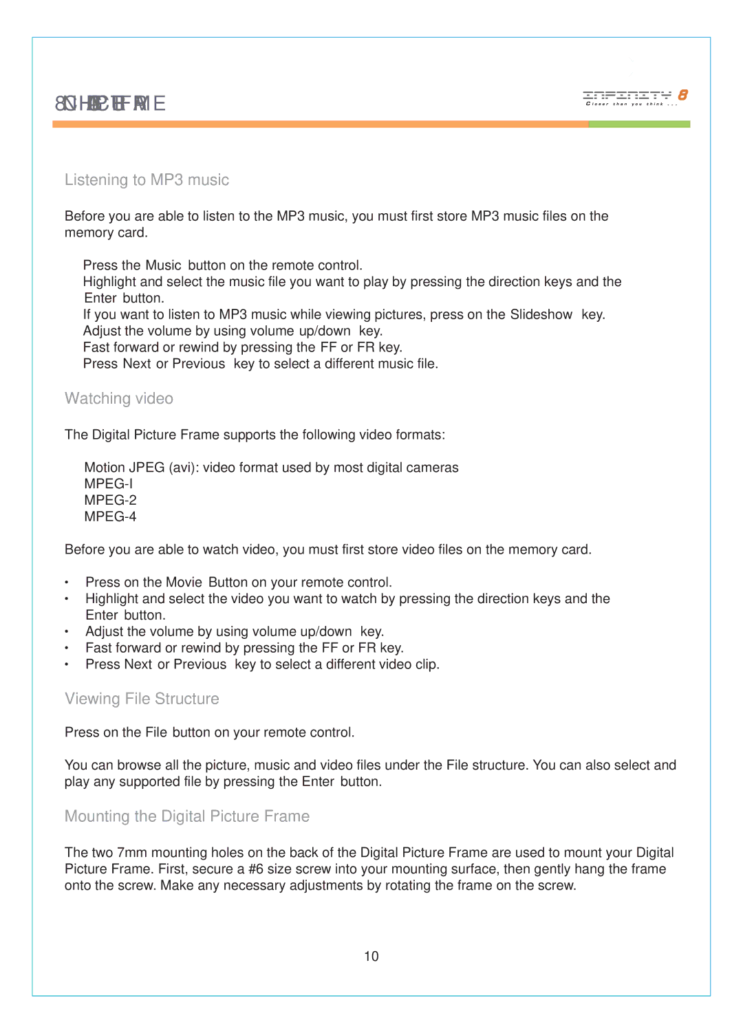 Infinity DPF-8000 Listening to MP3 music, Watching video, Viewing File Structure, Mounting the Digital Picture Frame 