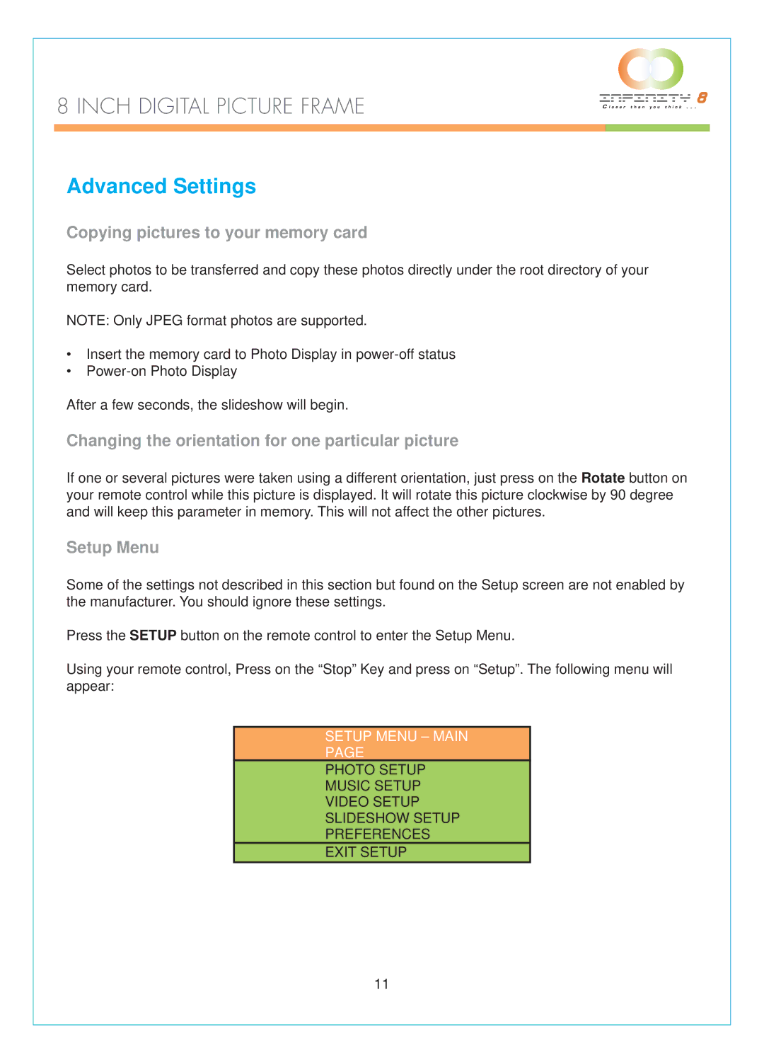 Infinity DPF-8000 user manual Advanced Settings, Copying pictures to your memory card, Setup Menu 