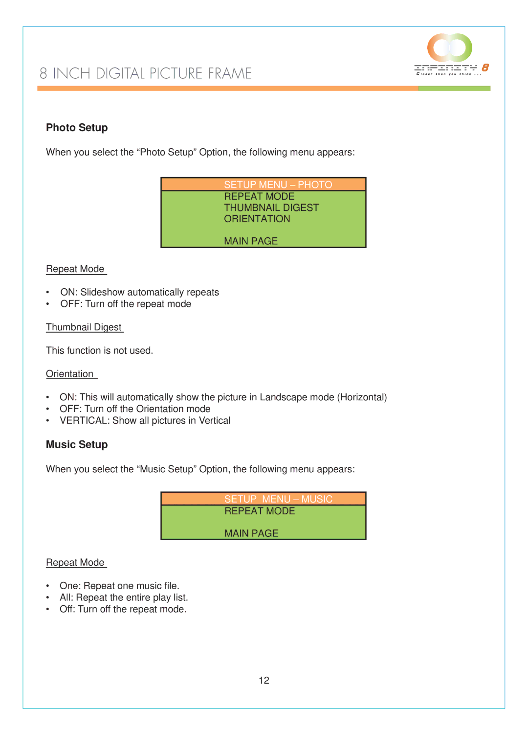 Infinity DPF-8000 user manual Repeat Mode Thumbnail Digest Orientation Main, Repeat Mode Main 