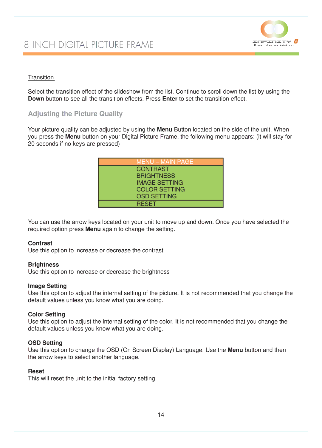 Infinity DPF-8000 user manual Adjusting the Picture Quality, Menu Main 