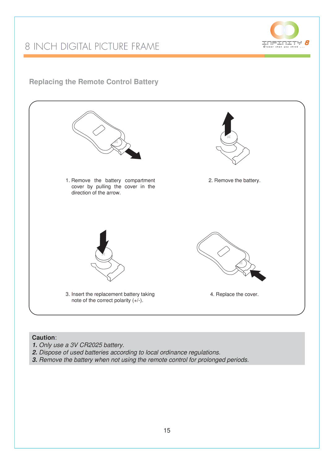 Infinity DPF-8000 user manual Replacing the Remote Control Battery 