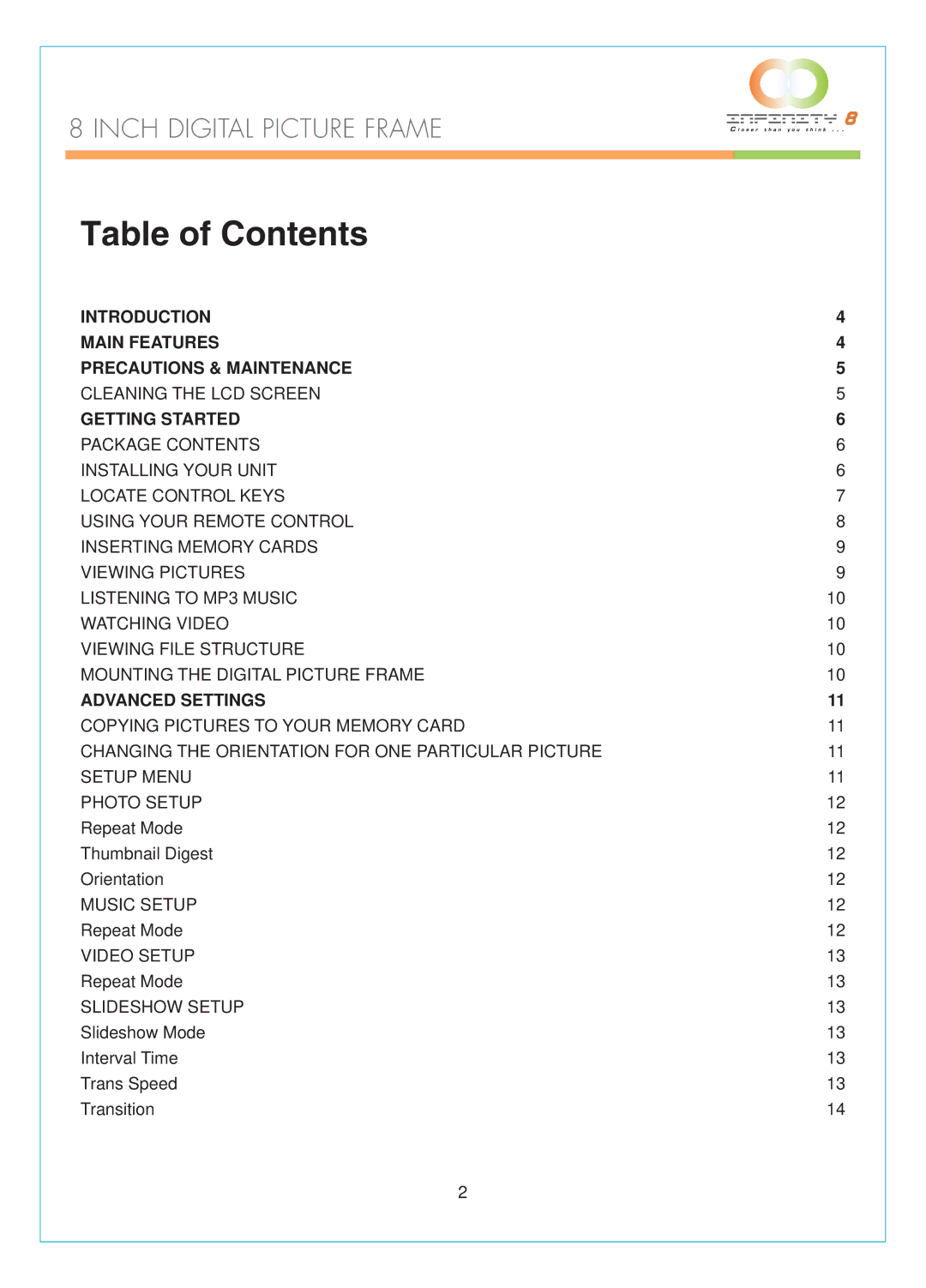 Infinity DPF-8000 user manual Table of Contents 