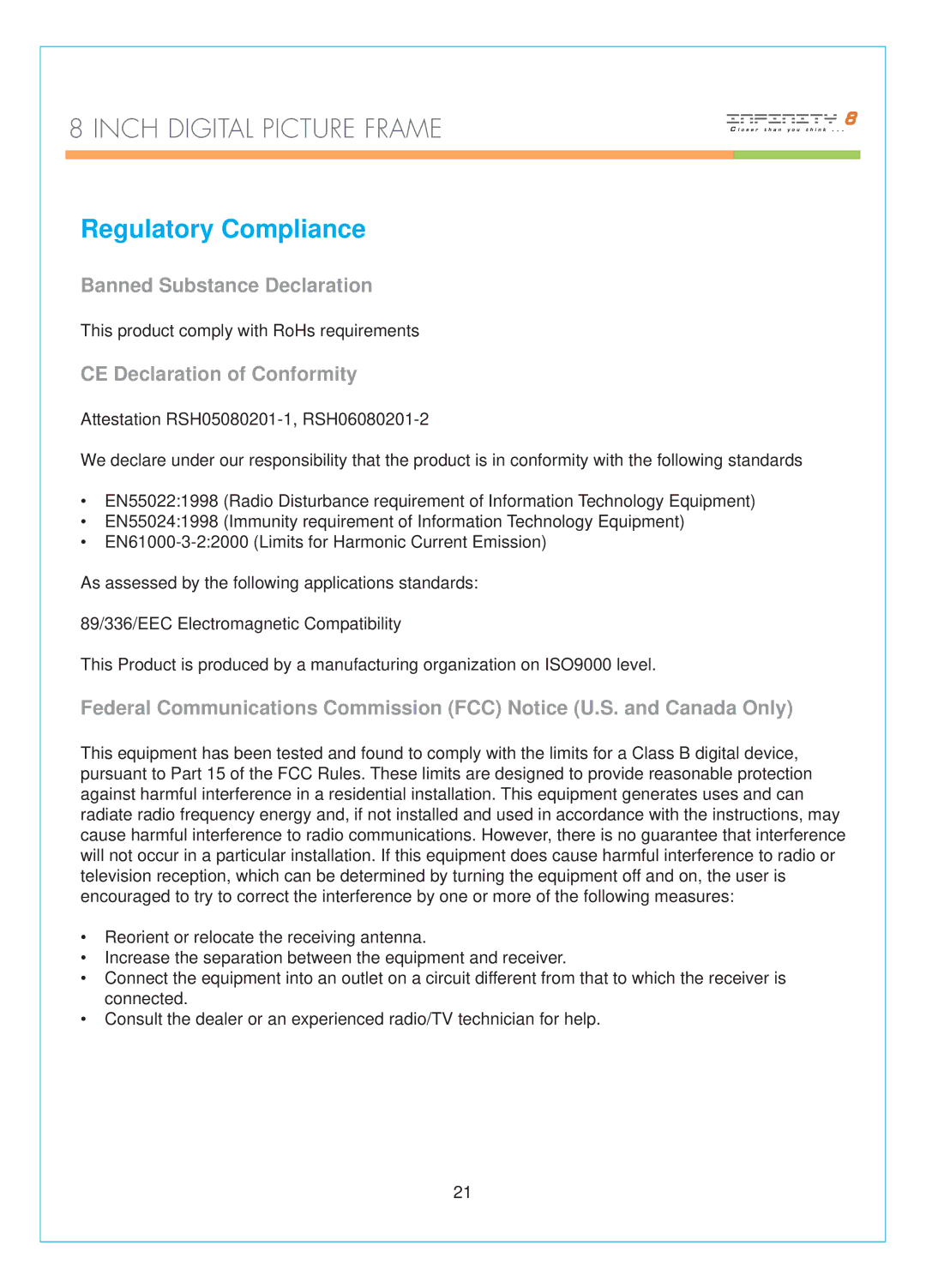 Infinity DPF-8000 user manual Regulatory Compliance, Banned Substance Declaration, CE Declaration of Conformity 