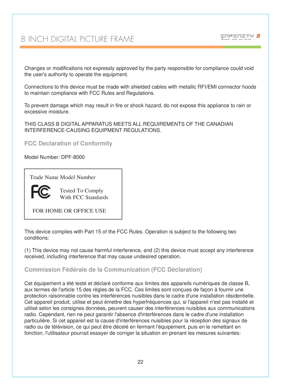 Infinity DPF-8000 user manual FCC Declaration of Conformity, Commission Fédérale de la Communication FCC Déclaration 