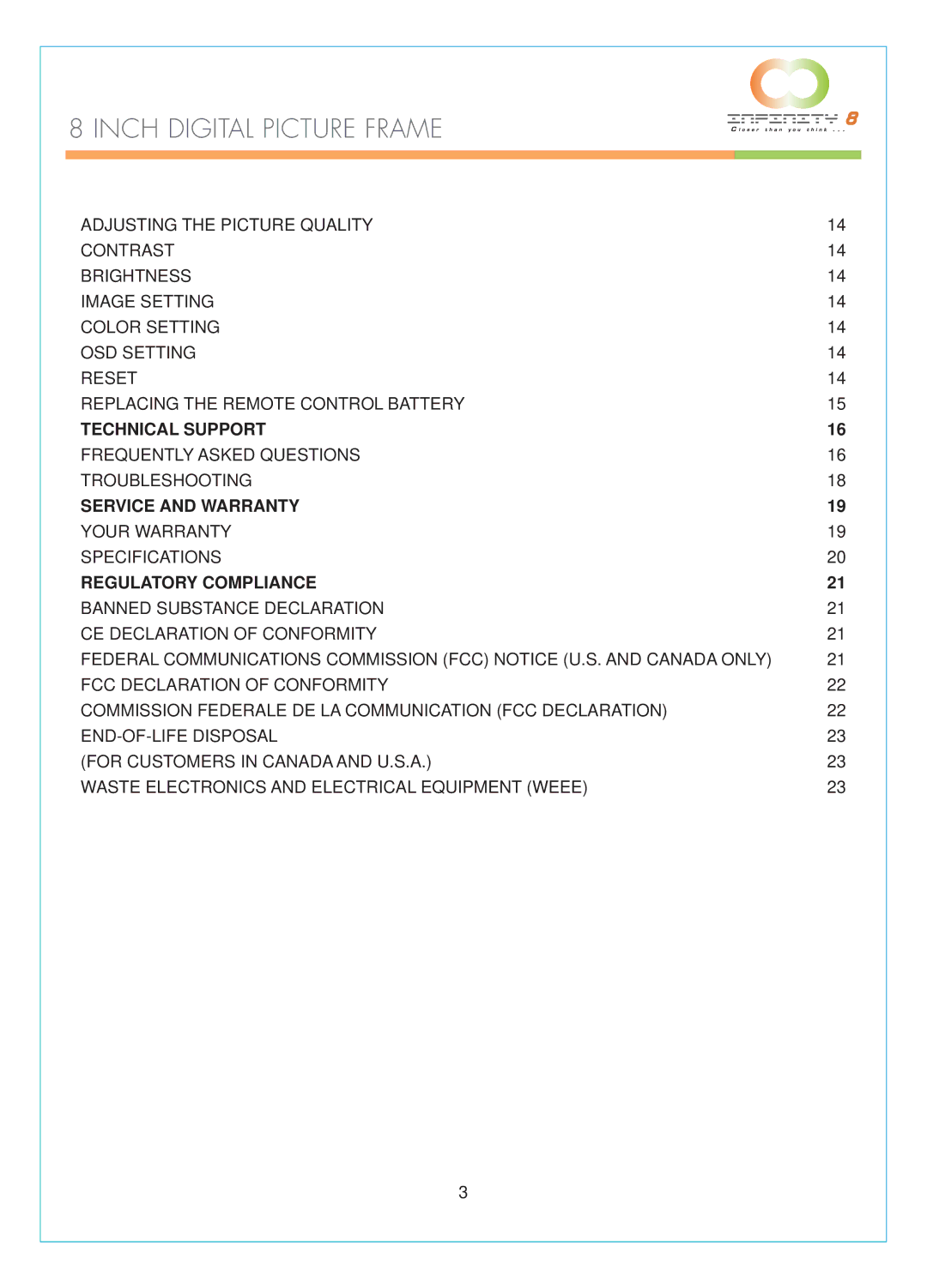 Infinity DPF-8000 user manual Frequently Asked Questions Troubleshooting, Your Warranty Specifications 