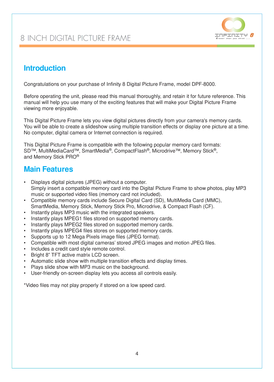 Infinity DPF-8000 user manual Introduction, Main Features 