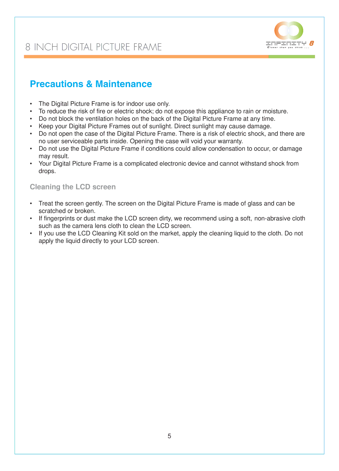 Infinity DPF-8000 user manual Precautions & Maintenance, Cleaning the LCD screen 