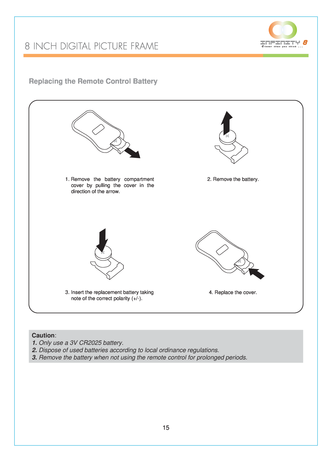 Infinity DPF-8000 user manual Replacing the Remote Control Battery, Inch Digital Picture Frame 