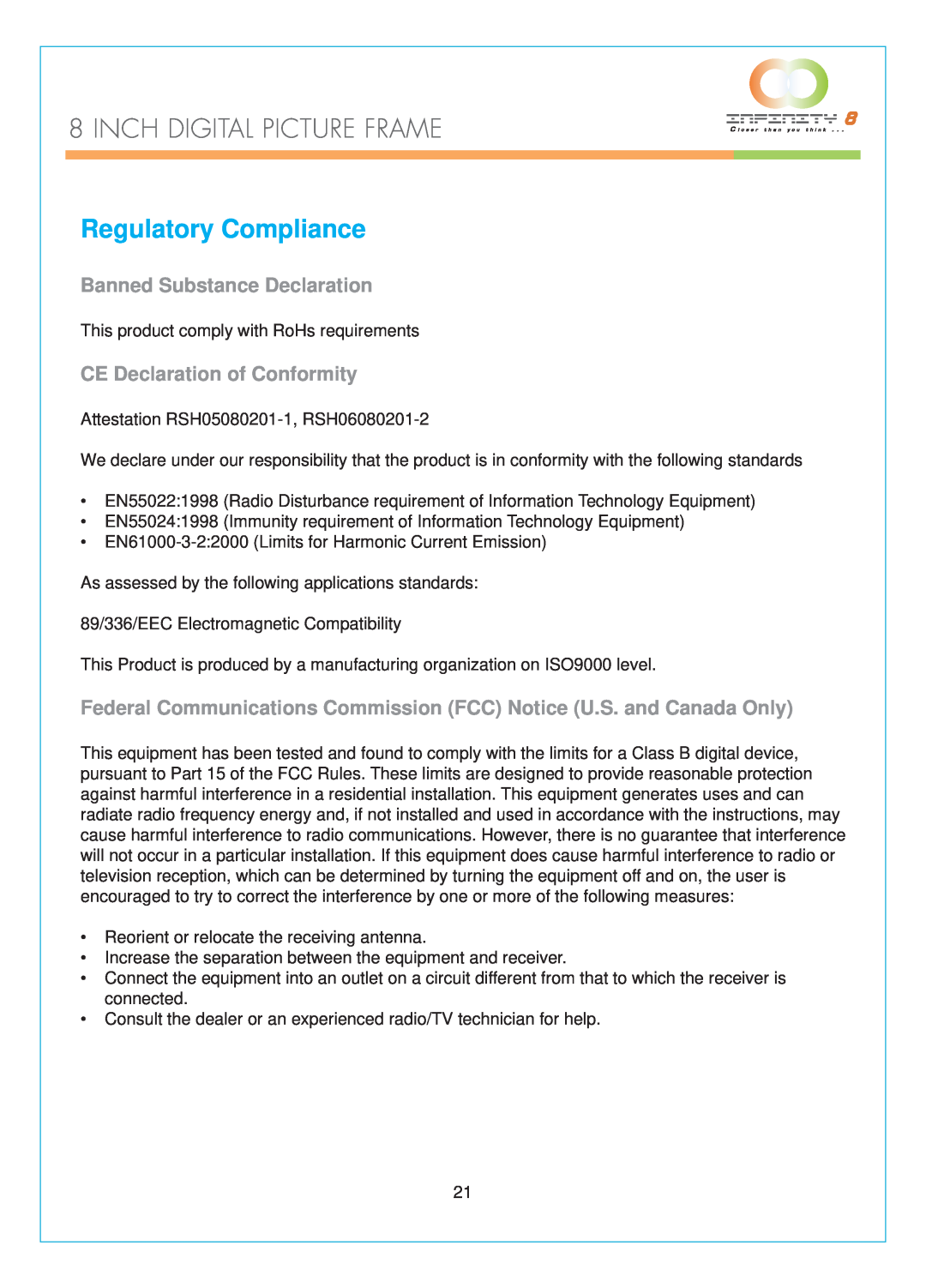 Infinity DPF-8000 user manual Regulatory Compliance, Banned Substance Declaration, CE Declaration of Conformity 