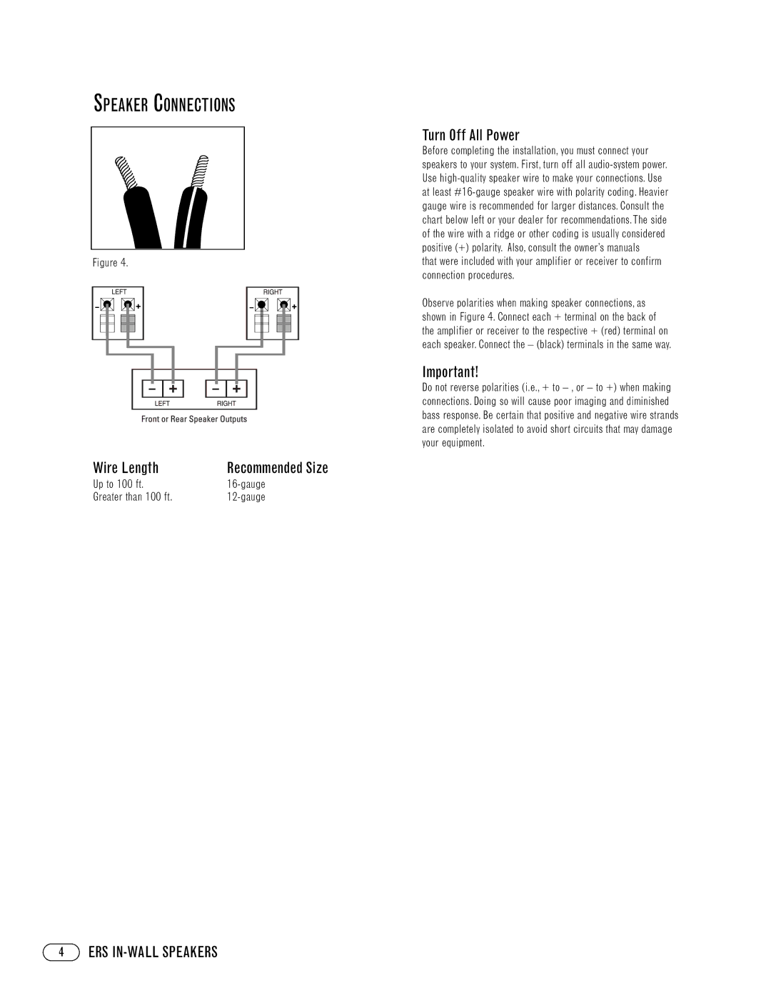 Infinity ERS 110DT, ERS 210II, ERS HV250, ERS 310 Speaker Connections, Wire Length, Turn Off All Power, Recommended Size 