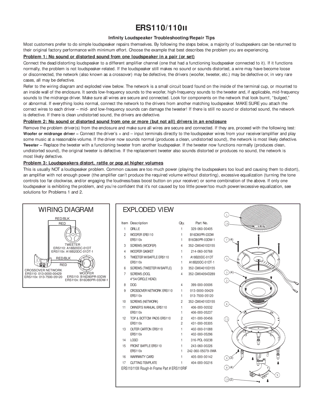 Infinity ERS110II owner manual ERS110/110II, Wiring Diagram, Exploded View 