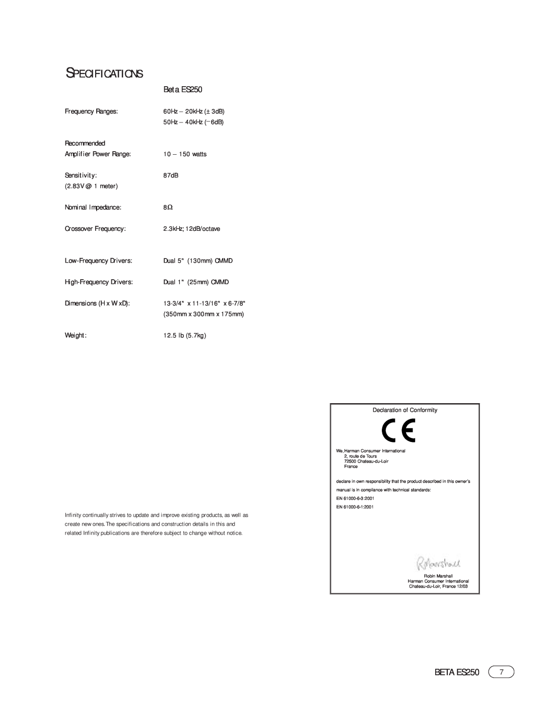 Infinity manual Specifications, Beta ES250, BETA ES250 