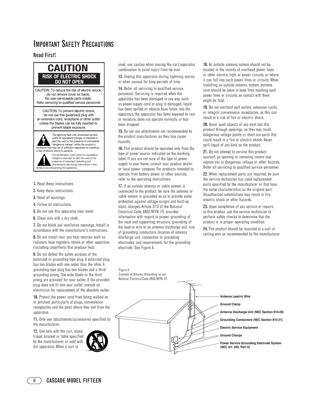 Infinity FIFTEEN manual Read First, Ii Cascade Model Fifteen, Upon completion of any service or repairs 