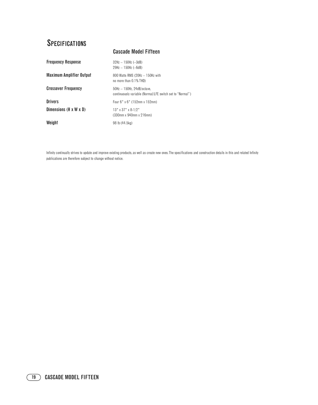 Infinity FIFTEEN manual Specifications, Cascade Model Fifteen 