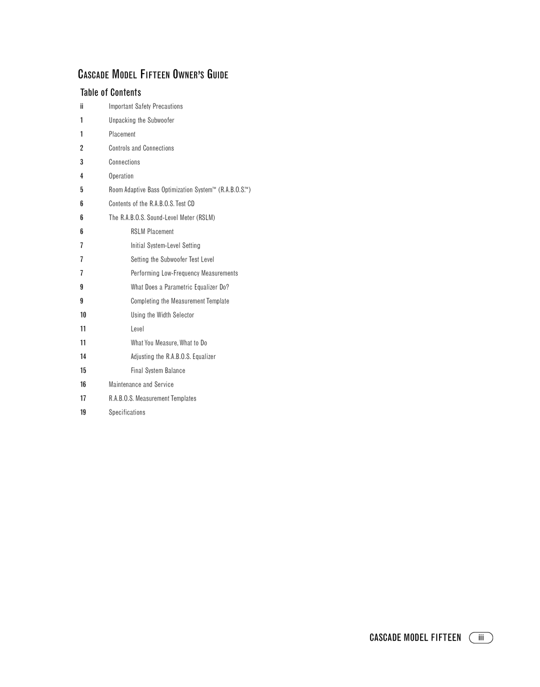 Infinity FIFTEEN manual Table of Contents 