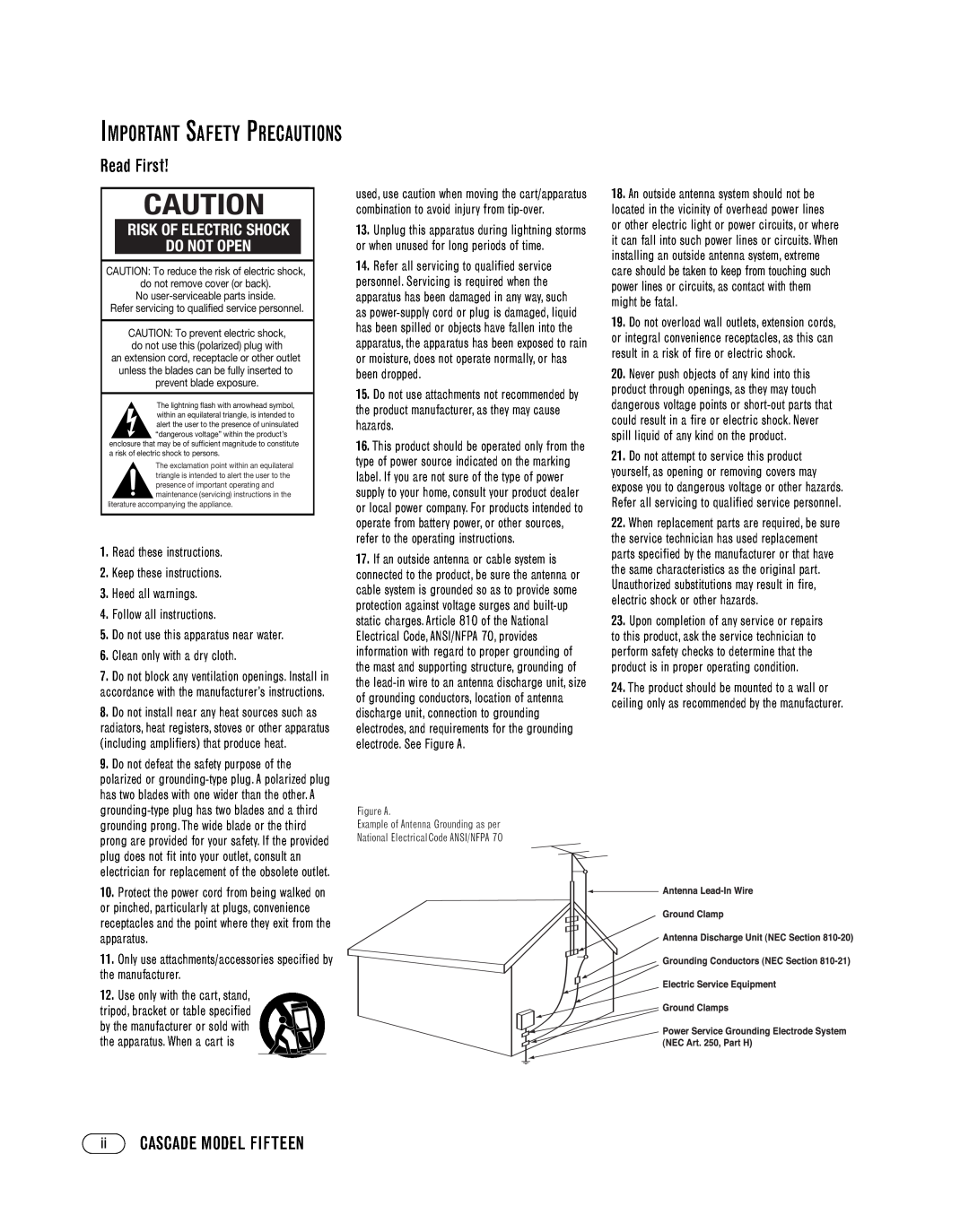 Infinity manual Read First, iiCASCADE MODEL FIFTEEN, Important Safety Precautions, Read these instructions 