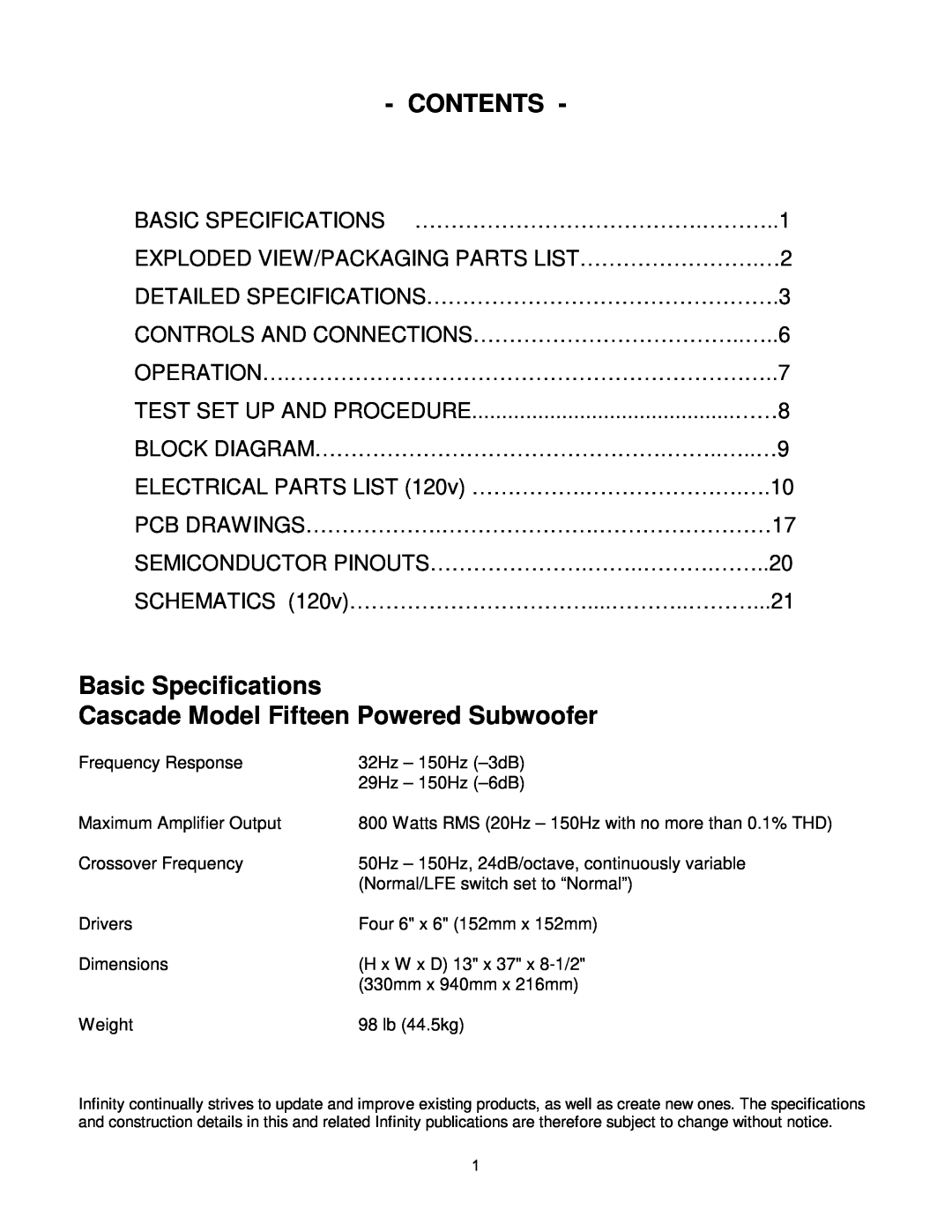 Infinity FIFTEEN service manual Contents, Basic Specifications, Cascade Model Fifteen Powered Subwoofer 