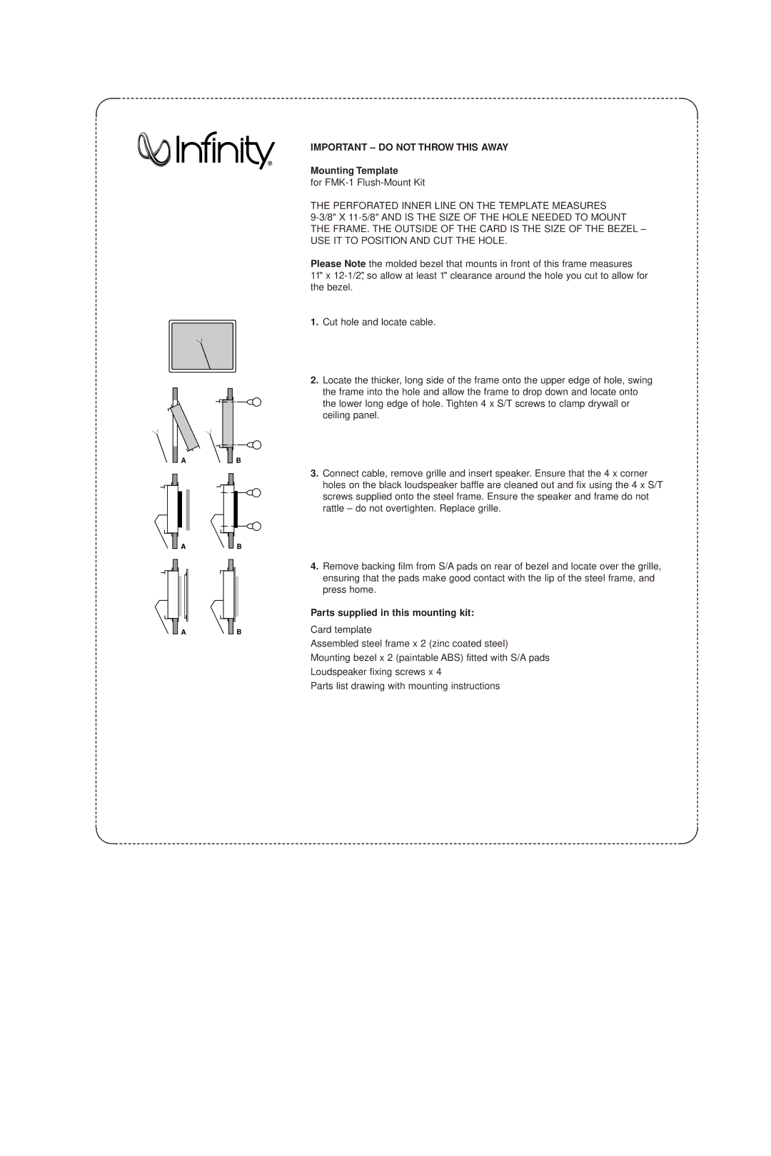 Infinity FMK-1 manual Powered Subwoofer, Important do not Throw this Away, Mounting Template 