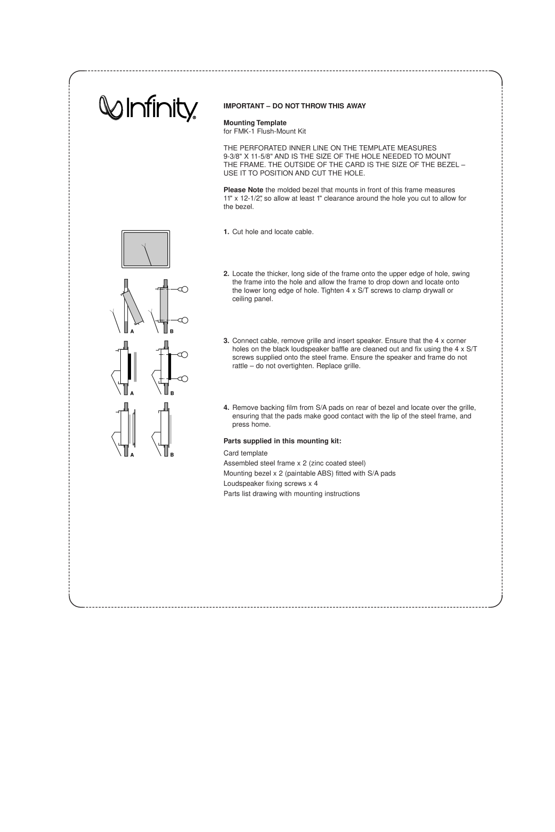Infinity FMK-1 manual Powered Subwoofer, IMPORTANT - DO NOT THROW THIS AWAY Mounting Template 