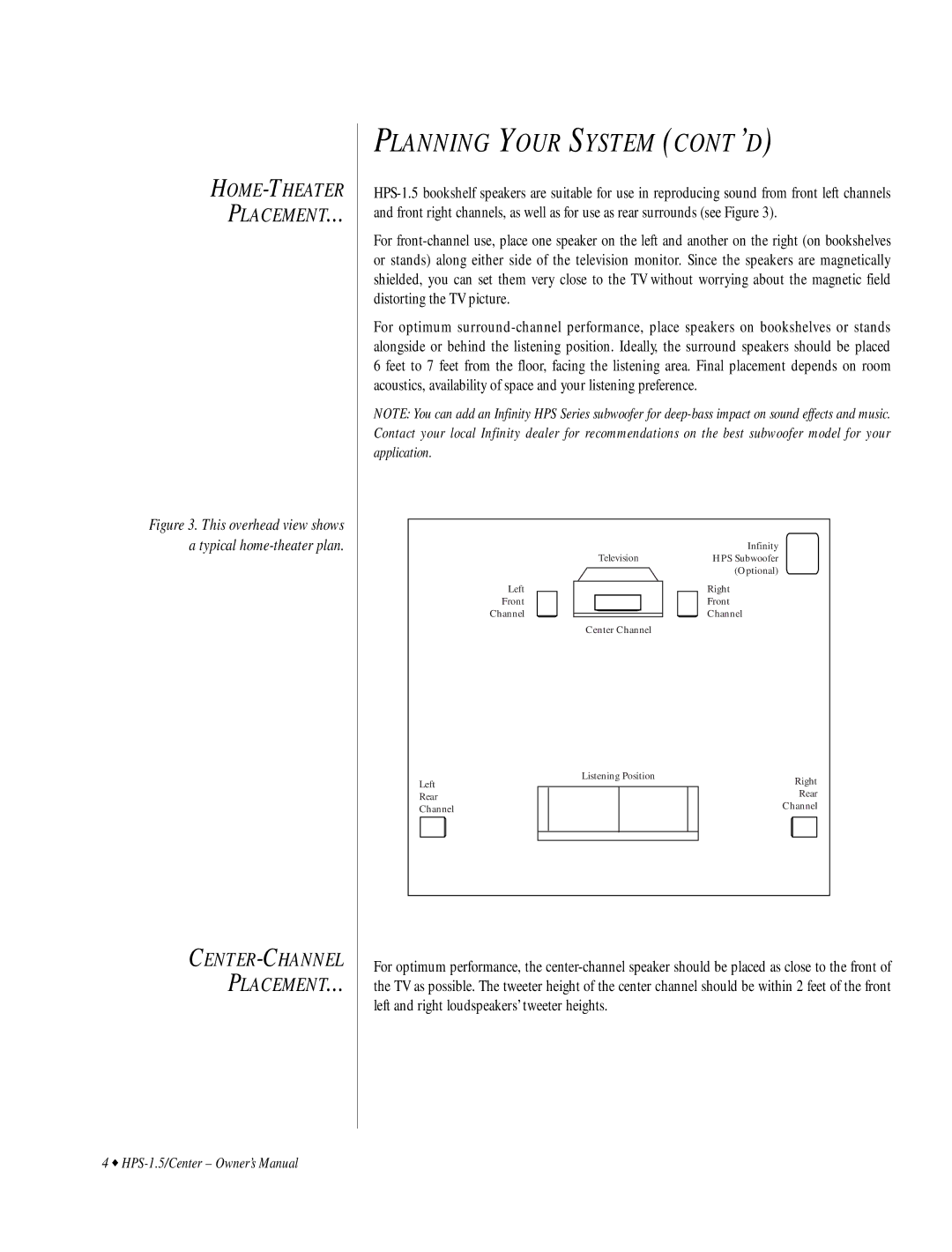 Infinity HPS-1.5 owner manual Planning Your System Cont ’D, This overhead view shows a typical home-theater plan 