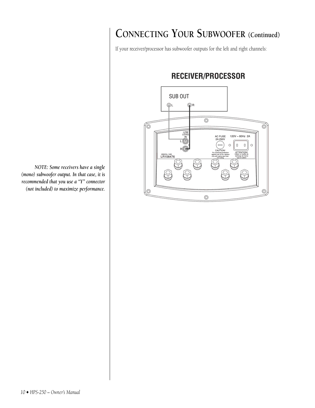 Infinity HPS-250 owner manual Connecting Your Subwoofer 