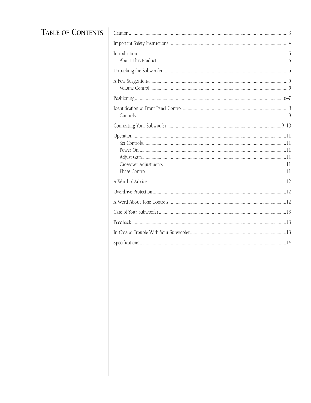 Infinity HPS-250 owner manual Table of Contents 