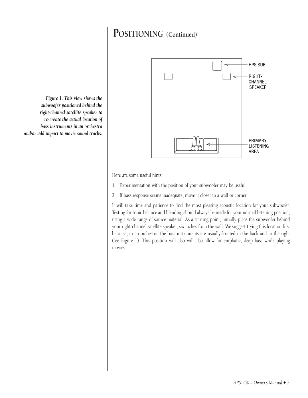 Infinity HPS-250 owner manual Positioning 