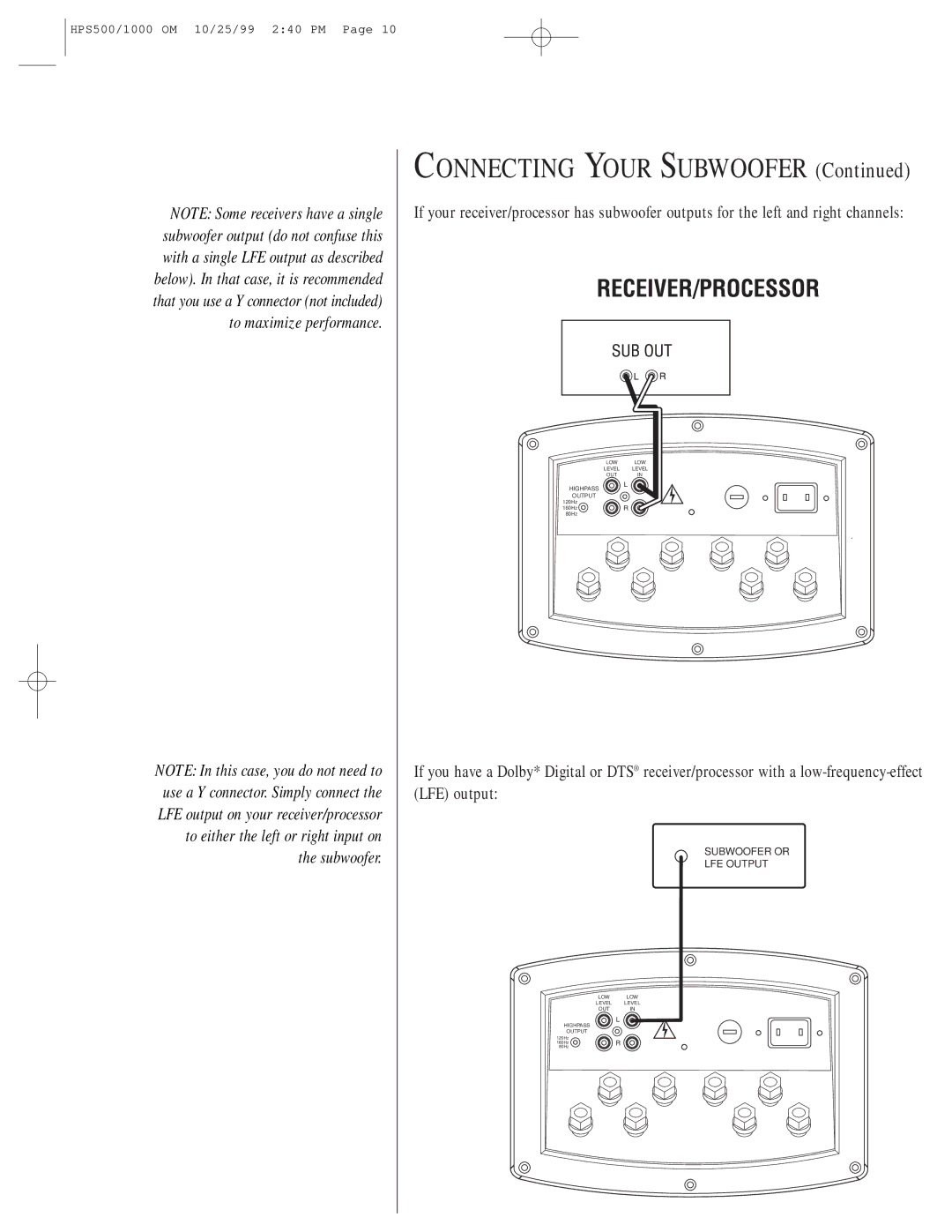 Infinity HPS-500, HPS-1000 owner manual Connecting Your Subwoofer 