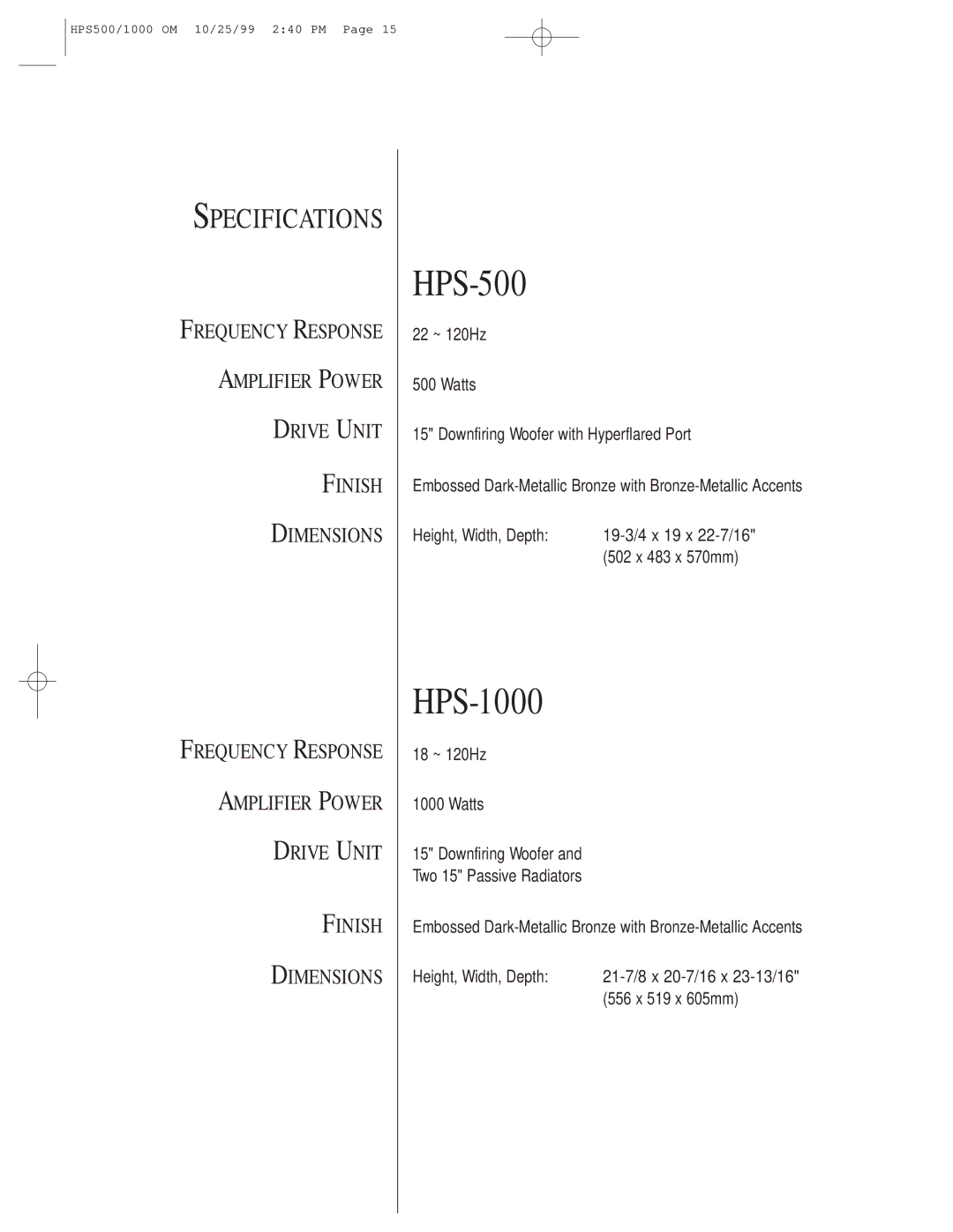 Infinity HPS-1000 owner manual HPS-500 