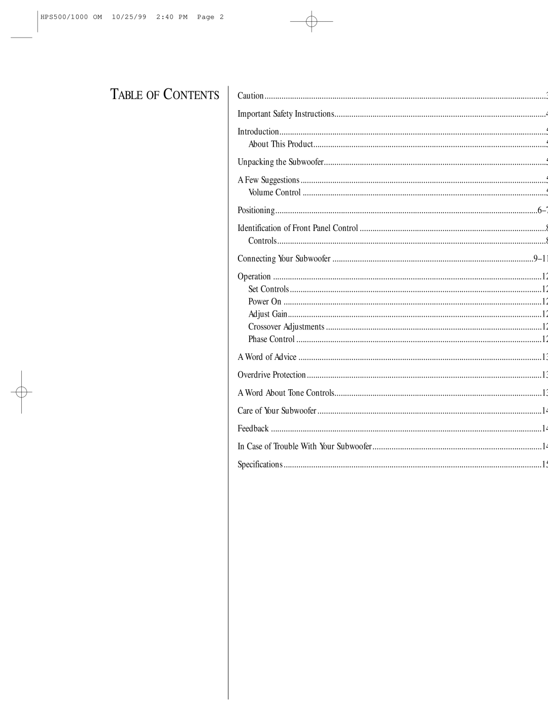 Infinity HPS-500, HPS-1000 owner manual Table of Contents 