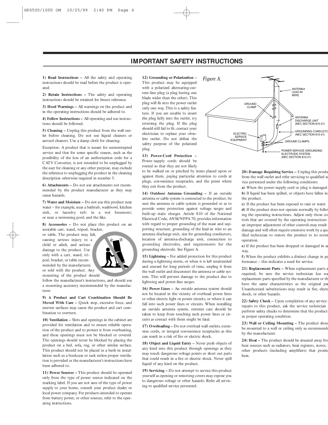 Infinity HPS-500, HPS-1000 owner manual Important Safety Instructions 