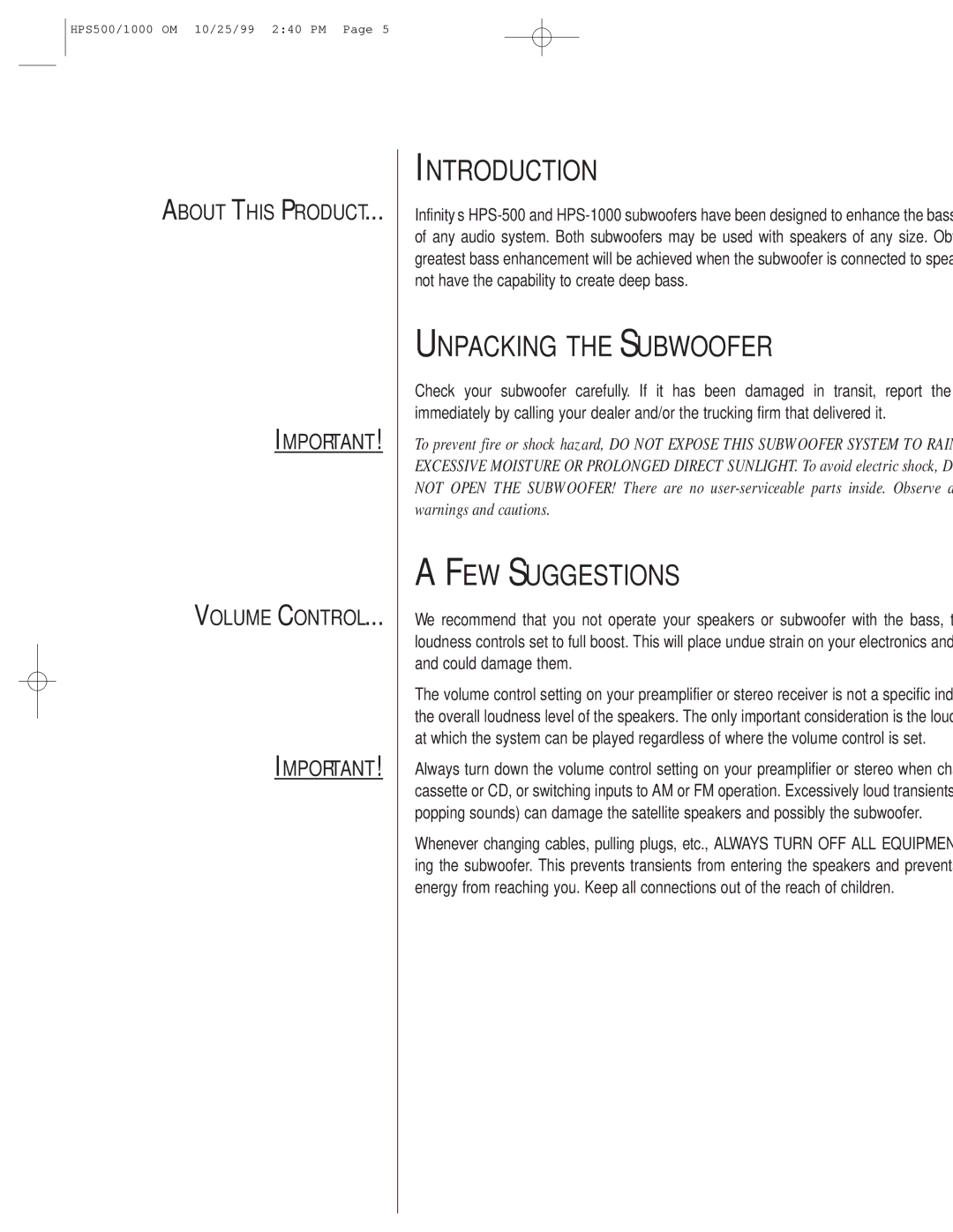 Infinity HPS-1000, HPS-500 owner manual Introduction, Unpacking the Subwoofer, FEW Suggestions 