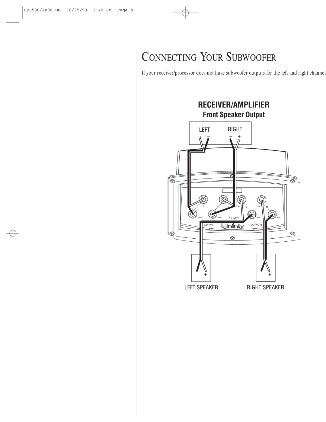 Infinity HPS-1000, HPS-500 owner manual Connecting Your Subwoofer 