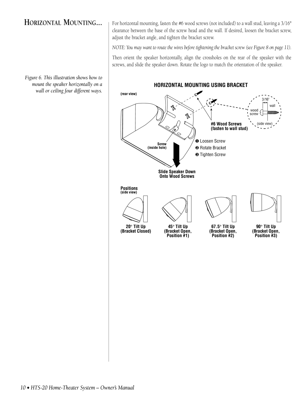 Infinity HTS-20 owner manual Horizontal Mounting 