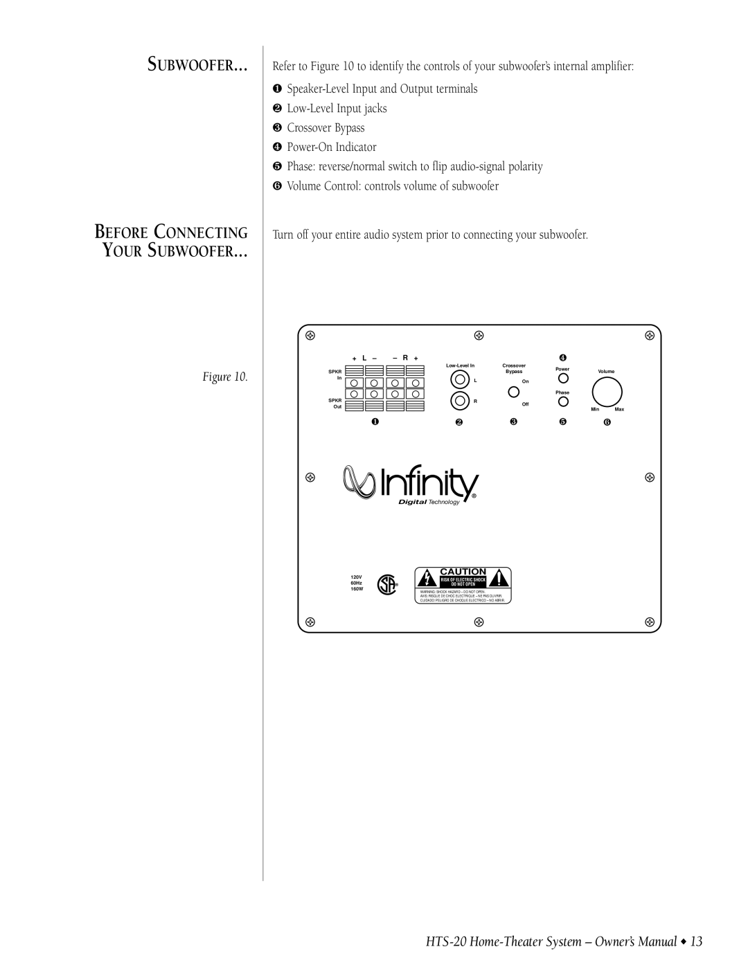 Infinity HTS-20 owner manual Before Connecting Your Subwoofer 