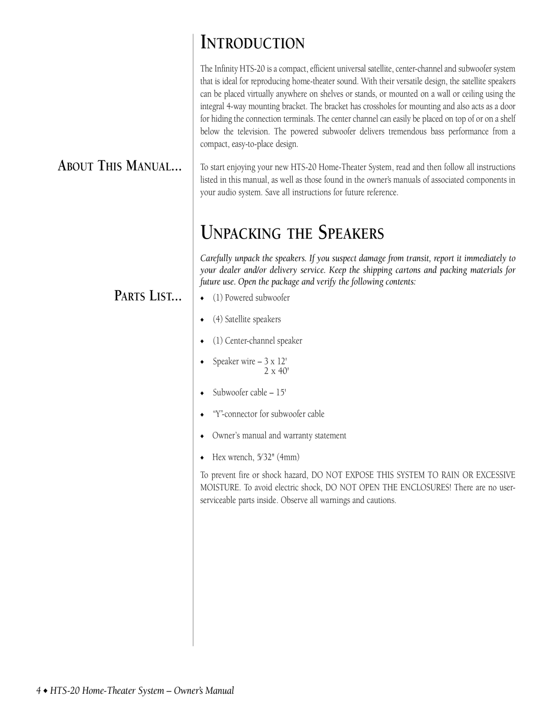 Infinity HTS-20 owner manual Introduction, Unpacking the Speakers 