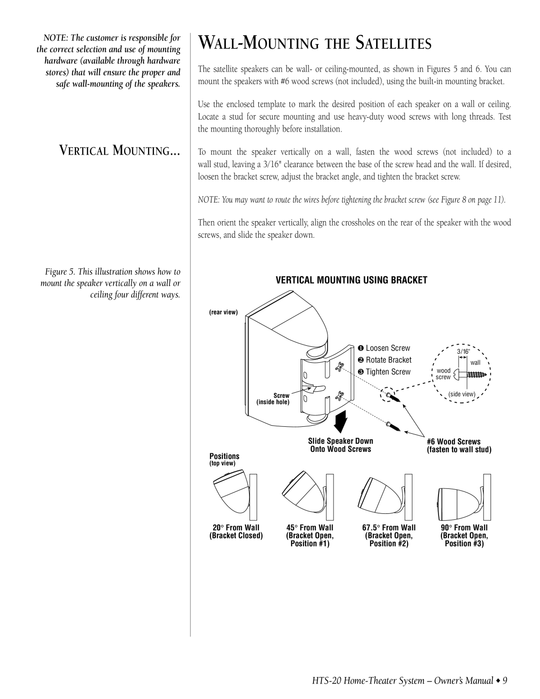 Infinity HTS-20 owner manual WALL-MOUNTING the Satellites, Vertical Mounting Using Bracket 