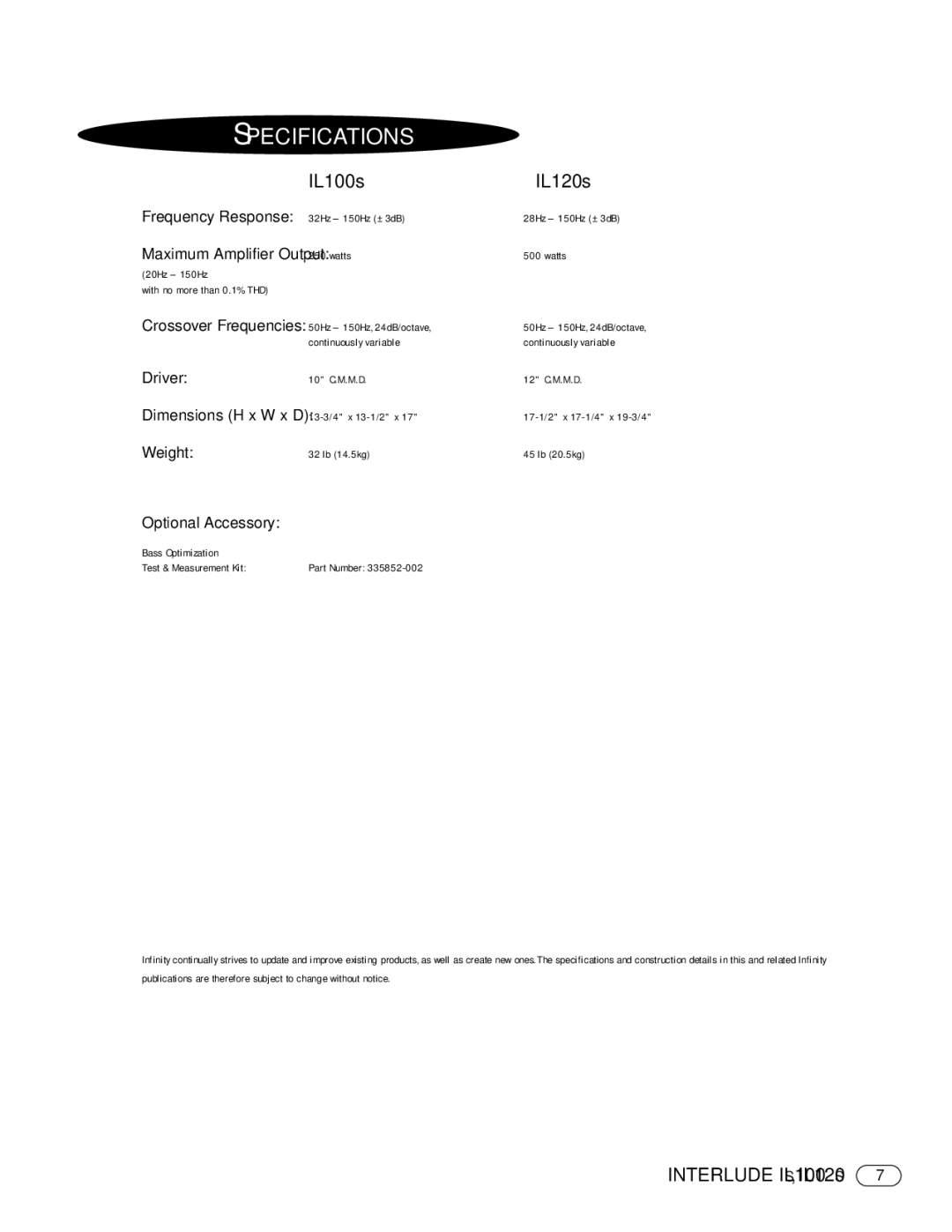 Infinity manual Specifications, IL100s IL120s 