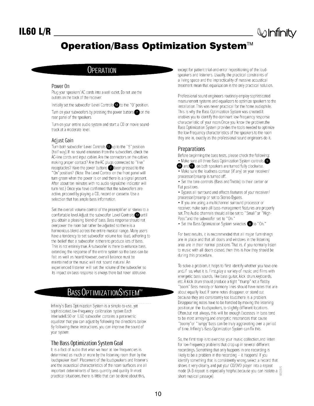 Infinity service manual IL60 L/R Operation/Bass Optimization SystemTM 